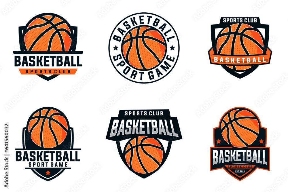 basketball set vector graphic template. sport basket illustration collection in badge emblem patch label style.