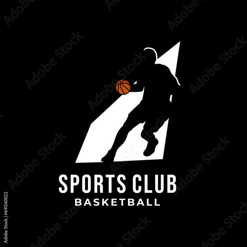 basketball player silhouette in spotlight with ball in dark background vector template.