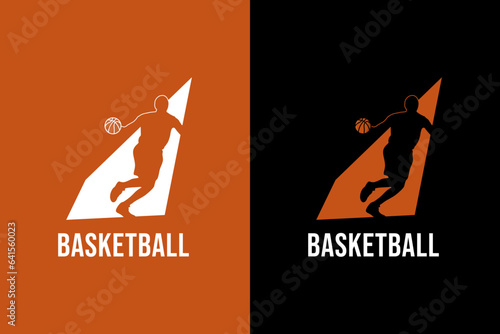 basketball player silhouette in spotlight with ball in dark background vector template.