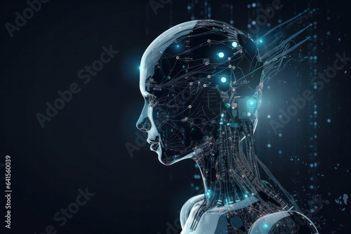 Artificial intelligence represented by a cyborg head with glowing eyes and a digital brain, processing big data and learning. Futuristic technology concept. AI Generative.
