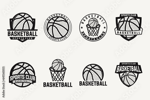 basketball set vector graphic template. sport basket illustration collection in badge emblem patch label style.