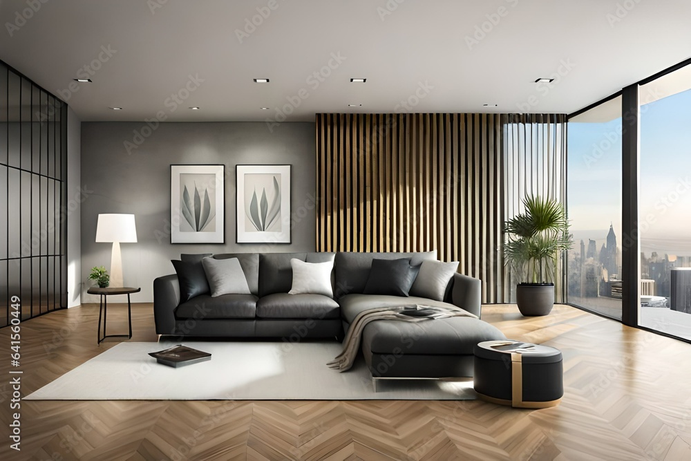 Fototapeta premium Modern interior design. Scandinavian furniture. 3d illustration, black sofa