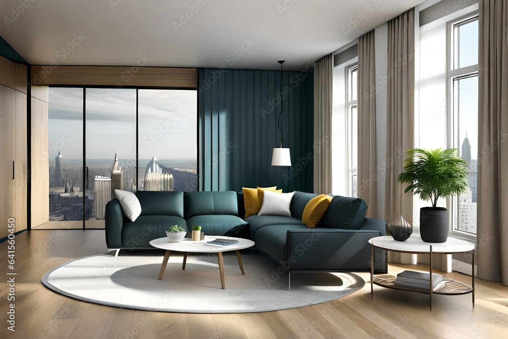 Fototapeta premium Modern interior design. Scandinavian furniture. 3d illustration, black sofa. Modern living room