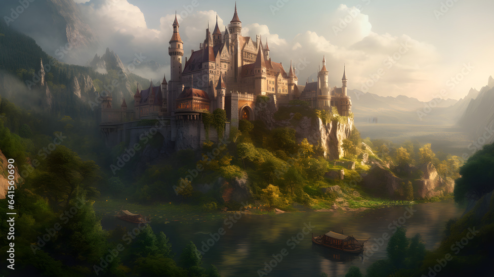 A majestic castle surrounded by a serene forest landscape Generative Ai