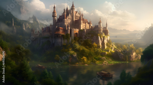 A majestic castle surrounded by a serene forest landscape Generative Ai