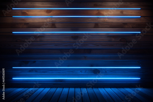 Blue neon light with a wooden floor in a dark room
