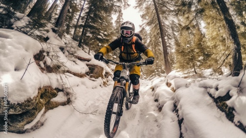 winter mountain biker in action