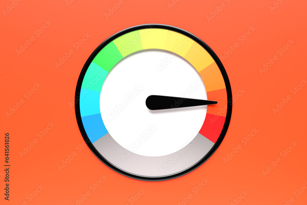 3d illustration of measuring speed icon. Colorful speedometer icon, speedometer pointer points to red color 3d illustration of measuring speed icon. Colorful speedometer icon, speedometer pointer points to red color