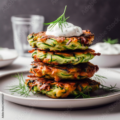 Delicious vegan Zucchini Fritters on a large white plate with sour cream and chives topping