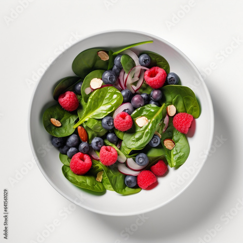Berry Spinach Salad in a modern white bowl view from the top minimalist background 