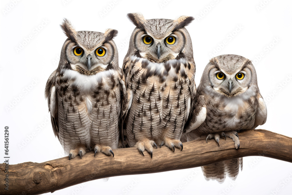 Fototapeta premium Image of group of barred eagle-owl on a branch on a white background. Birds. Animals. Illustration, Generative AI.