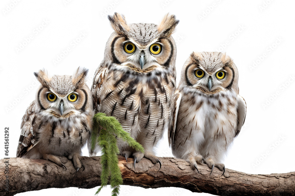 Fototapeta premium Image of group of barred eagle-owl on a branch on a white background. Birds. Animals. Illustration, Generative AI.
