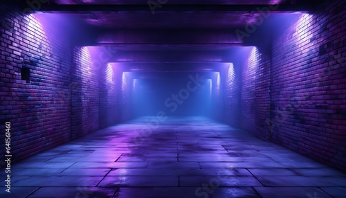 Corridor Room Garage Studio Dance Glowing Blue Purple Spot Lights Concrete Floor,Neon Retro Brick Walls Club Mist Dark Foggy