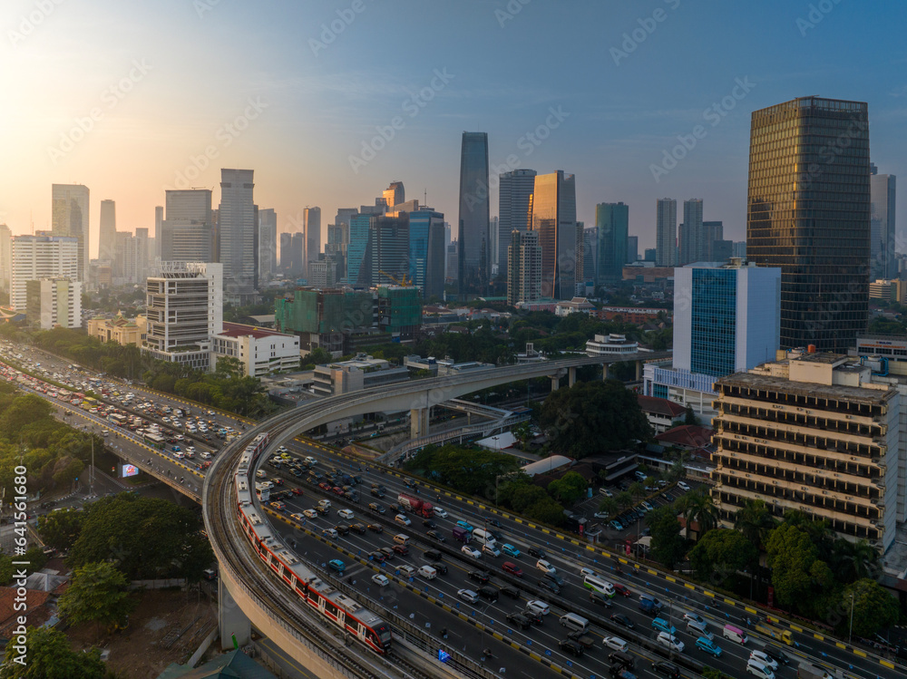 First time Light Trail Transit Train (LRT) operate in Jakarta, Indonesia. The LRT is going through the longest long span structure in the world. 