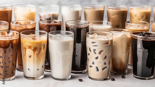 Rows of delicious iced coffee and breakfast lattes  photo