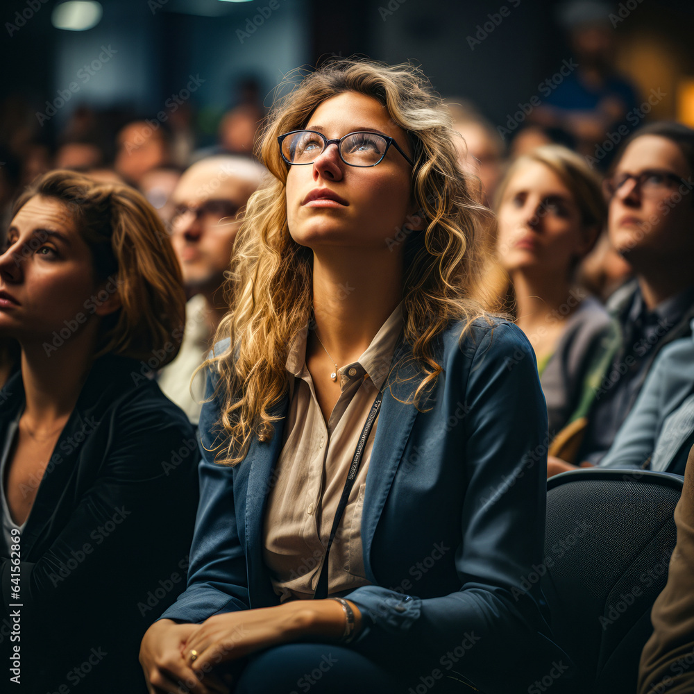a woman wearing square rimmed glasses sitting with group of people listening to a presentation a woman wearing square rimmed glasses sitting with group of people listening to a presentation