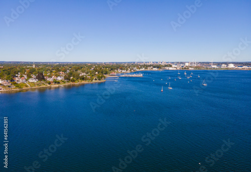 Edgewood Beach aerial view from Providence River near river mouth to Narragansett Bay, with Providence modern city skyline at the back, Cranston, Rhode Island RI, USA. 