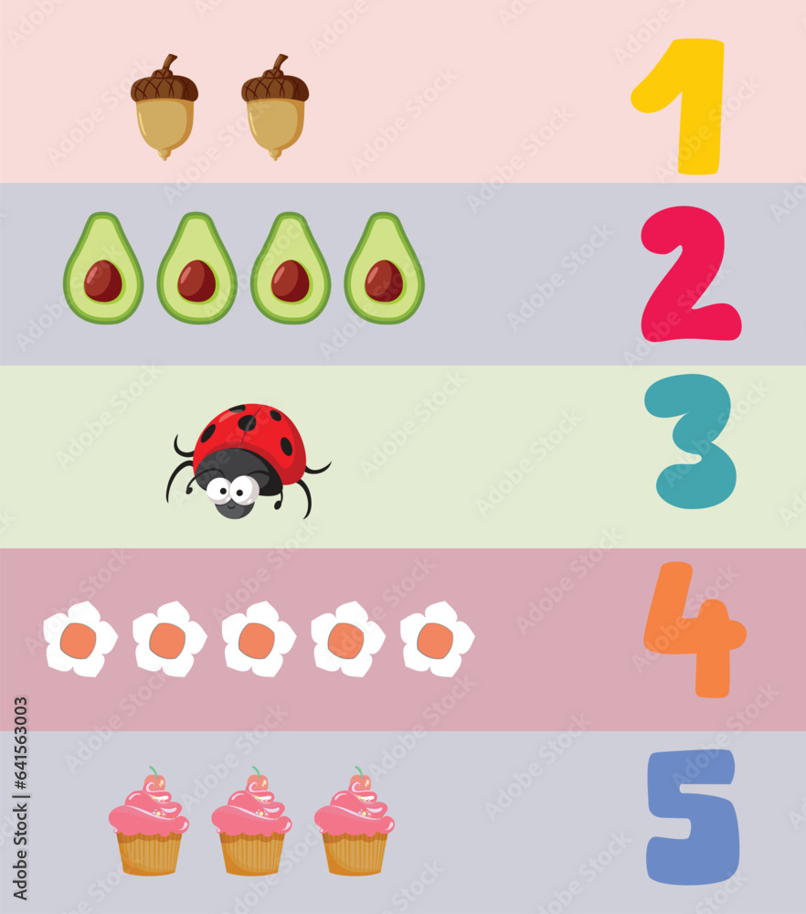 Number and Objects Game Design Vector Illustration for Kids. Preschool children activity colorful worksheet graphics
Number and Objects Game Design Vector Illustration for Kids. Preschool children activity colorful worksheet graphics