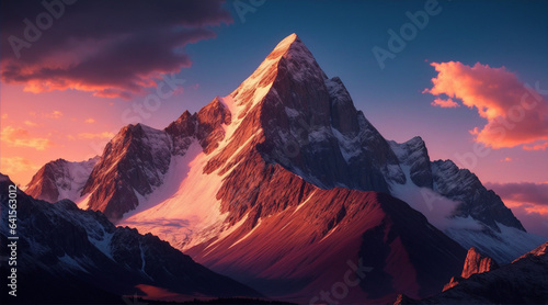 Mountain peak rises above rocky landscape sunset paints the sky. Generative AI.