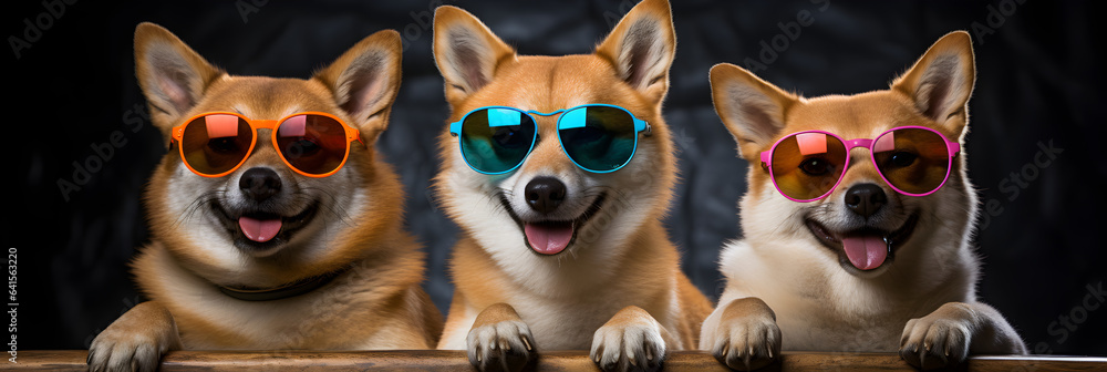 funny portrait of 3 Shiba Inu wearing colourful sunglasses