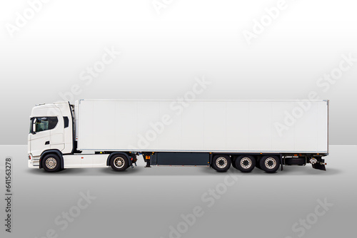 Big truck with semi-trailer Mockup. Truck transportation isolated on white. white long delivery truck. White empty mock-up truck