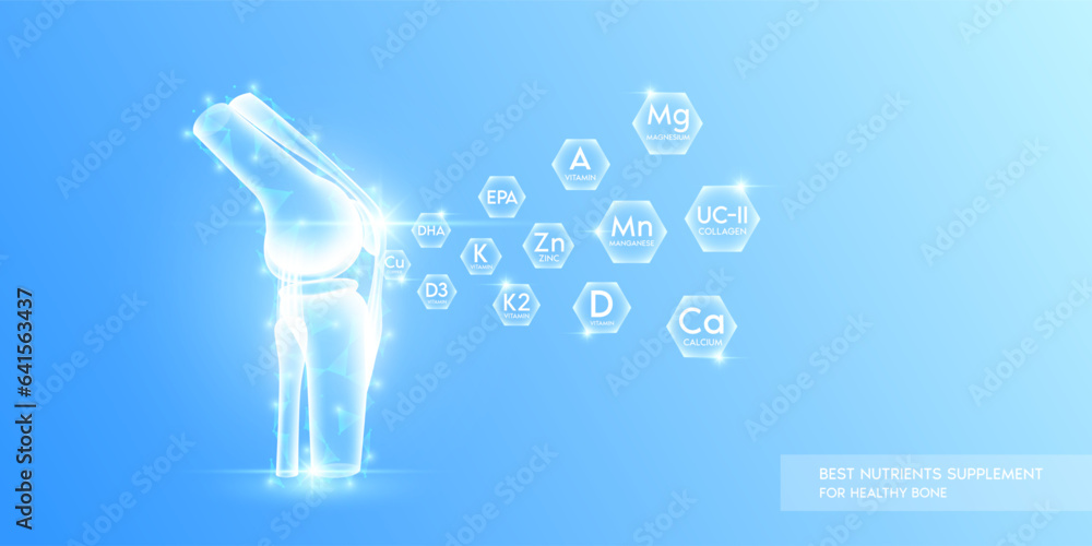 Vitamins calcium minerals with magnesium and collagen in hexagon