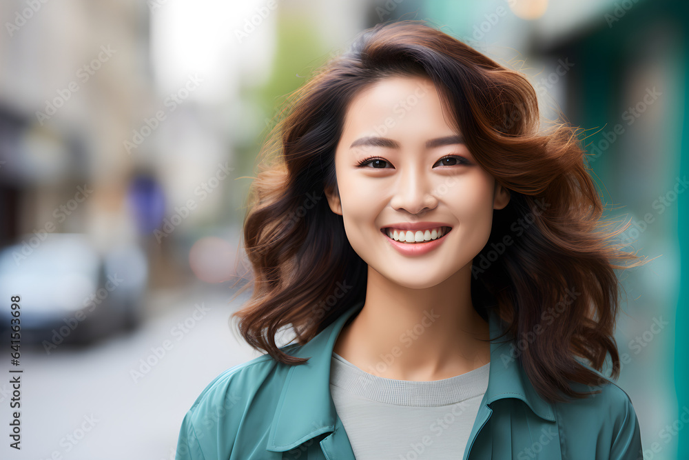 portrait of asian woman smiling in city street portrait of asian woman smiling in city street