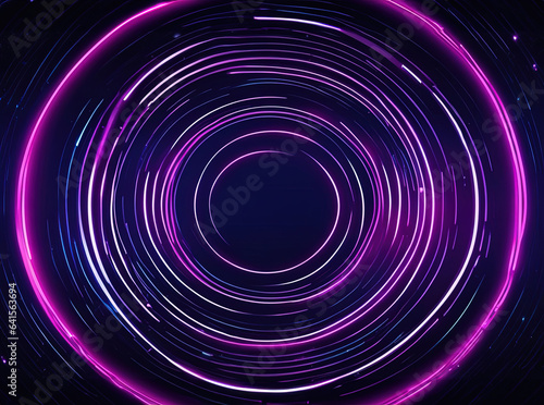 Abstract glowing circle lines on dark blue background. Geometric stripe line art design with Generative AI.