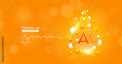 Orange vitamin A2 water drop and chemical structure. Vitamins complex mockup surround with collagen hyaluronic acid moisturizer for skin care cosmetics design. Beauty treatment nutrition. 3D Vector.