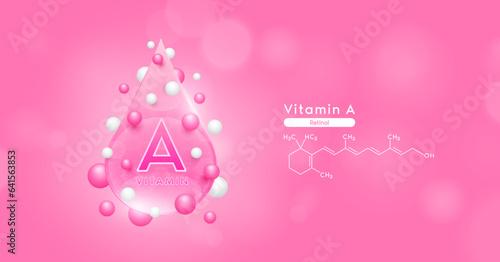 Pink vitamin A water drop and chemical structure surround with collagen hyaluronic acid moisturizer. Vitamins complex mockup for skin care cosmetics design. Beauty treatment nutrition. 3D Vector.