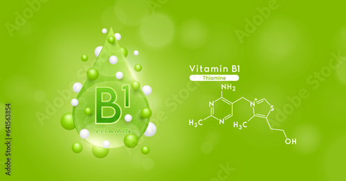 Green vitamin B1 water drop and chemical structure surround with collagen hyaluronic acid moisturizer. Vitamins complex mockup for skin care cosmetics design. Beauty treatment nutrition. 3D Vector.