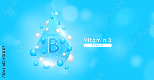 Blue vitamin B water drop and chemical structure surround with collagen hyaluronic acid moisturizer. Vitamins complex mockup for skin care cosmetics design. Beauty treatment nutrition. 3D Vector.