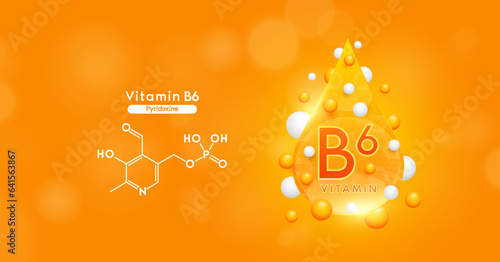 Orange vitamin B6 water drop and chemical structure. Vitamins complex mockup surround with collagen hyaluronic acid moisturizer for skin care cosmetics design. Beauty treatment nutrition. 3D Vector.