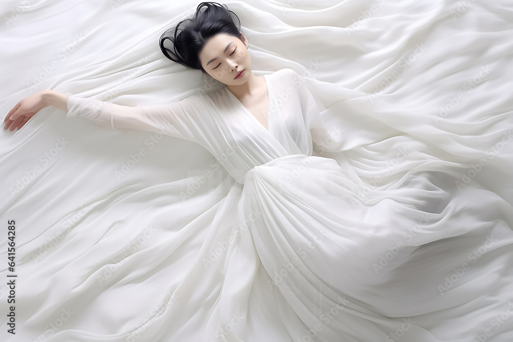 Fototapeta premium Beautiful woman wearing flowing white dress and pose dancing over a light background. Generative AI.