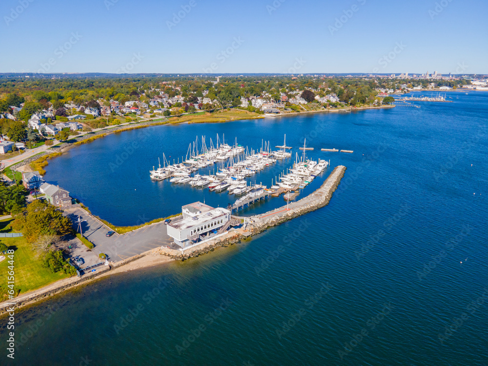 Rhode Island Yacht Club aerial view from  Providence River near river mouth to Narragansett Bay in Pawtuxet Village in city of Cranston, Rhode Island RI, USA. 