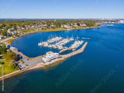 Rhode Island Yacht Club aerial view from  Providence River near river mouth to Narragansett Bay in Pawtuxet Village in city of Cranston, Rhode Island RI, USA.  photo