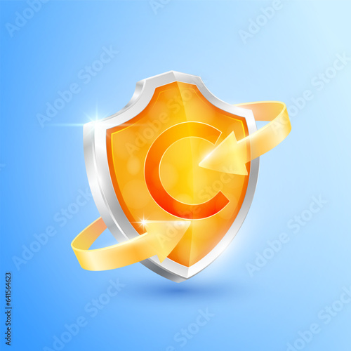 Orange vitamin C shield and clear glass arrows. Symbol protection boost immunity the body stay healthy. For advertising nutrition products food. Medical health concepts. Icons 3D vector illustration.