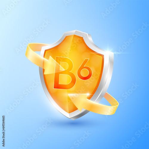 Vitamin B6 shield and orange clear glass arrows. Symbol protection boost immunity the body healthy. Medical health concepts. Icon 3D for advertising nutrition products food. Vector illustration.