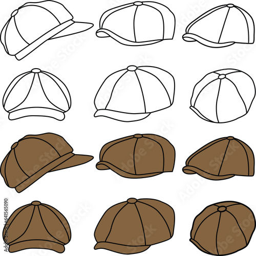 Set of newsboy cap hats  vector.  Black and white Flat caps illustration