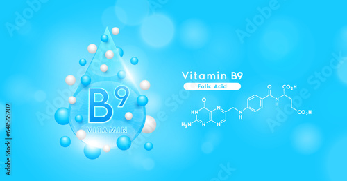 Blue vitamin B9 water drop and chemical structure surround with collagen hyaluronic acid moisturizer. Vitamins complex mockup for skin care cosmetics design. Beauty treatment nutrition. 3D Vector.