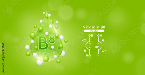 Green vitamin B8 water drop and chemical structure surround with collagen hyaluronic acid moisturizer. Vitamins complex mockup for skin care cosmetics design. Beauty treatment nutrition. 3D Vector.