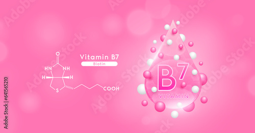 Pink vitamin B7 water drop and chemical structure. Vitamins complex mockup surround with collagen hyaluronic acid moisturizer for skin care cosmetics design. Beauty treatment nutrition. 3D Vector.