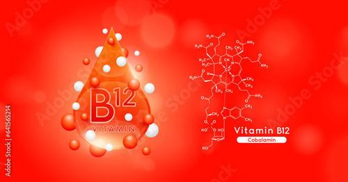 Red vitamin B12 water drop and chemical structure surround with collagen hyaluronic acid moisturizer. Vitamins complex mockup for skin care cosmetics design. Beauty treatment nutrition. 3D Vector.