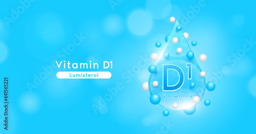 Blue vitamin D1 water drop and chemical structure. Vitamins complex mockup surround with collagen hyaluronic acid moisturizer for skin care cosmetics design. Beauty treatment nutrition. 3D Vector.