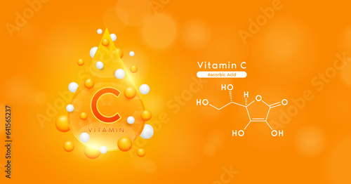 Orange vitamin C water drop and chemical structure surround with collagen hyaluronic acid moisturizer. Vitamins complex mockup for skin care cosmetics design. Beauty treatment nutrition. 3D Vector.