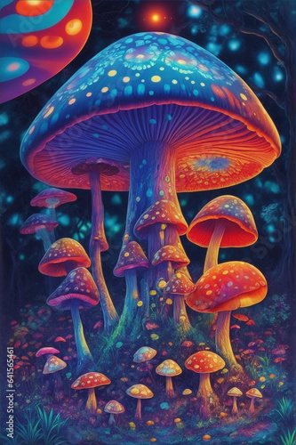 Trippy imagery of mushrooms psychedelics. Generative AI.