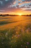A field of wildflowers, the sun setting in the distance. Generat