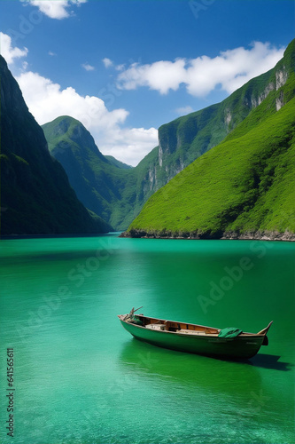 A small boat surrounded by expanses of emerald green mountains.