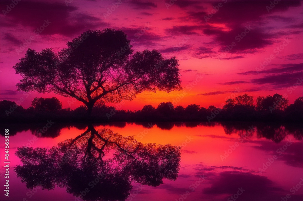 A breathtaking photograph capturing a vibrant sunset painting th