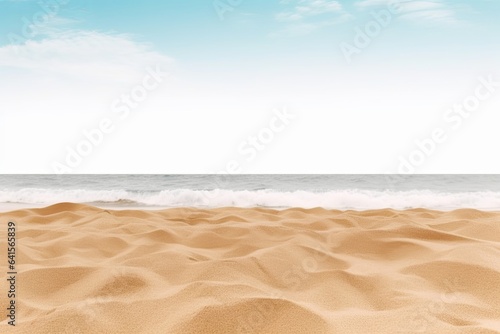 Empty sand beach in front of summer sea background with copy space, Generative AI © Frame Fusion